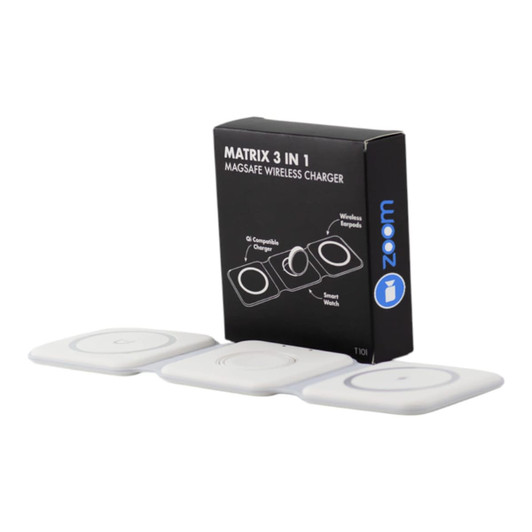 A white Matrix 3-in-1 MagSafe wireless charger with three charging pads and a box featuring a logo.