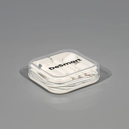 A white USB Type C earphone packaged in a clear case, featuring a logo on the top.