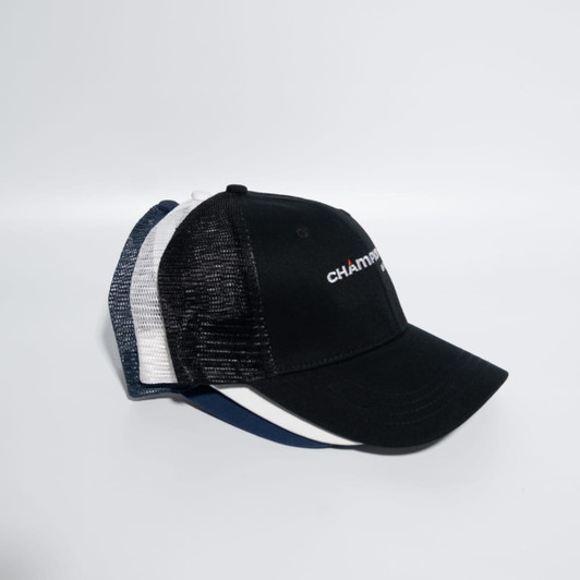 A black Snapback Truckers Cap with a mesh back, featuring a logo and a contrasting white and navy design.