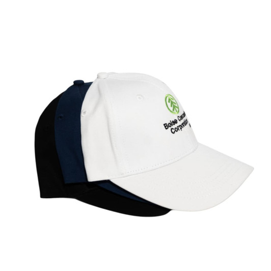 A trio of snapback cotton baseball caps in white and navy, featuring a logo on the front.