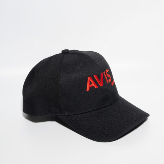 A black ripstop strapback baseball cap with a logo in red.