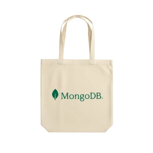 A natural beige tote bag with two handles and a logo on one side.