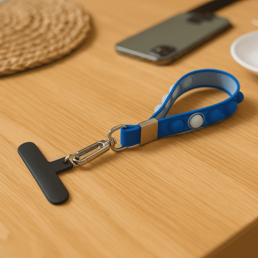 A blue wristlet with a T-shaped clip and a carabiner, resting on a wooden table next to a phone.