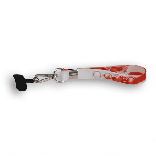 A red and white wristlet tether with a clip and popper buttons, designed for phone accessories.