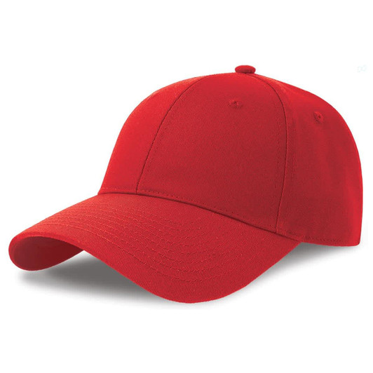 A red cap made from recycled and organic cotton, featuring a simple design and a front panel for branding.
