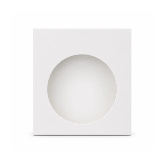 A white box with a circular cut-out in the centre, designed for packaging a product.