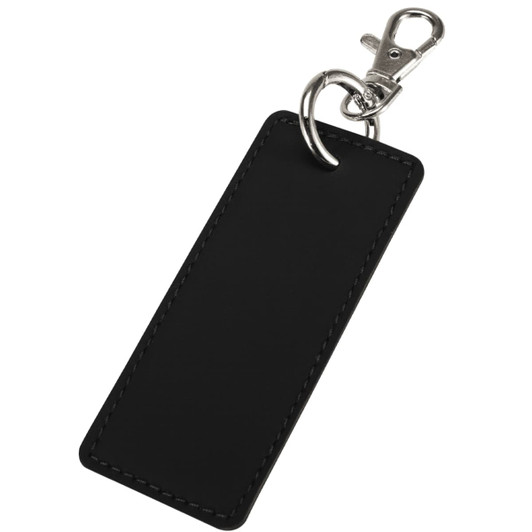 A black rectangular keychain with a silver clip and ring, featuring a sleek, minimalist design.