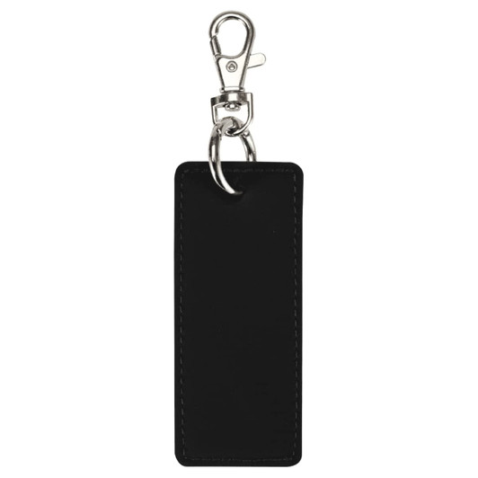 A black rectangle keychain with a metallic clip and ring, featuring a smooth finish and stitching details.