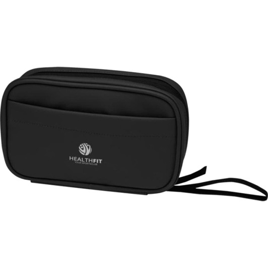 A black tech pouch with a zippered compartment and an exterior pocket. It features a logo on the front.