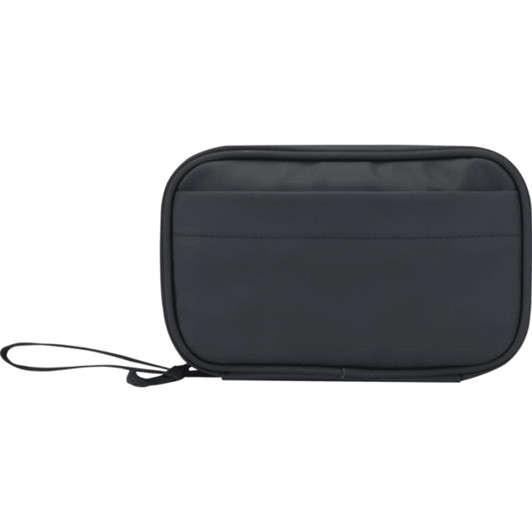 A black tech pouch with a zip closure and a wrist strap, featuring a textured fabric. It has a logo on the front.