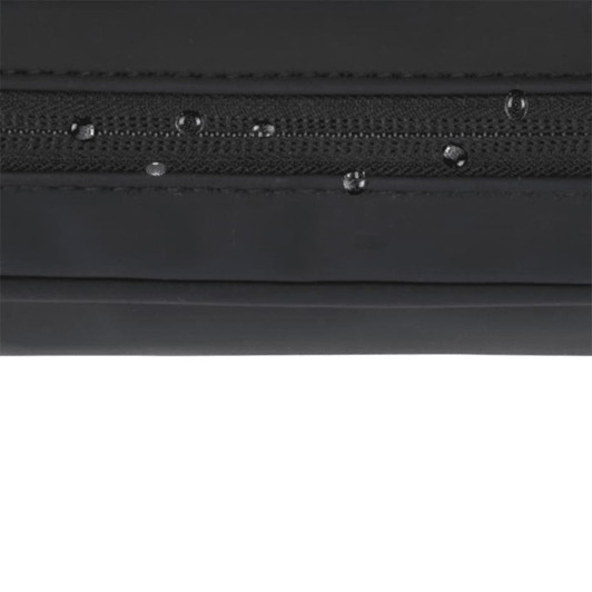 A black tech pouch featuring a textured zipper with beads of water on its surface. It has a logo.