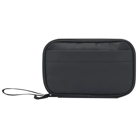 A black recycled tech pouch with a zip closure and a wrist strap. It has one outer pocket and a logo.