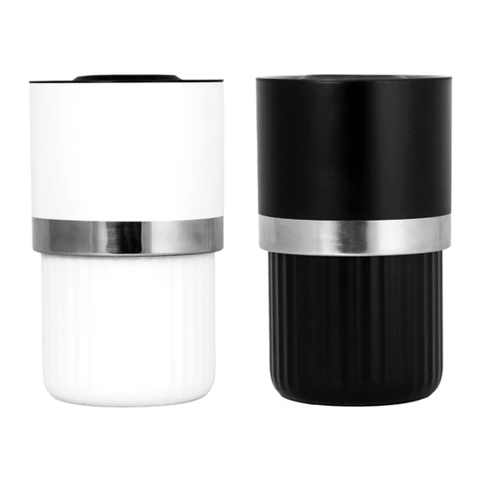 A drink bottle set featuring a white insulated wine cooler and a black insulated wine cooler with a silver band.