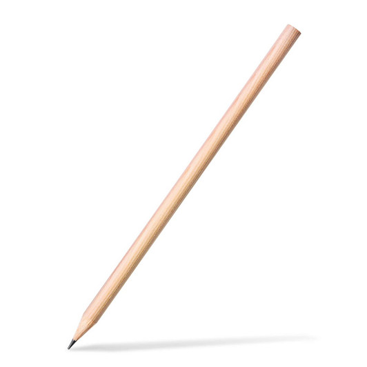 A wooden round-barrel graphite pencil with a sharpened graphite tip, featuring a simple design and natural finish.