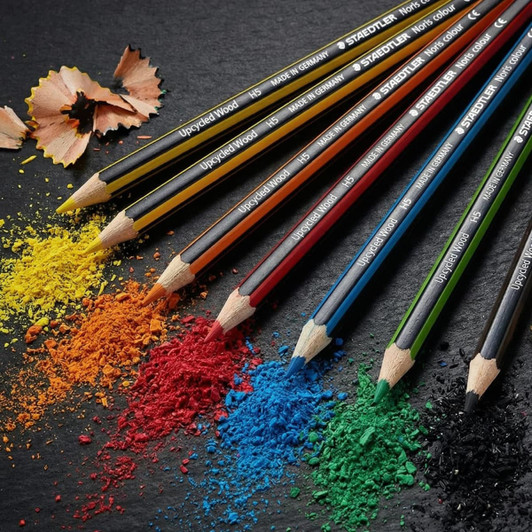 A set of six coloured pencils in yellow, orange, red, blue, black, and green, with shavings and colour powder scattered around.