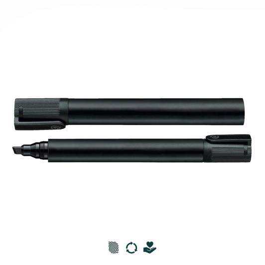 A black Staedtler Lumocolor permanent marker with a chisel tip, featuring a textured grip and a branding logo.