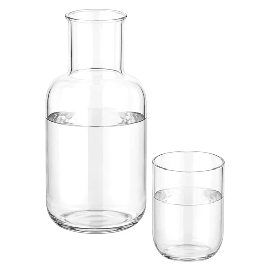 A glass carafe and cup set in clear glass, featuring a simple, elegant design with water inside both pieces.