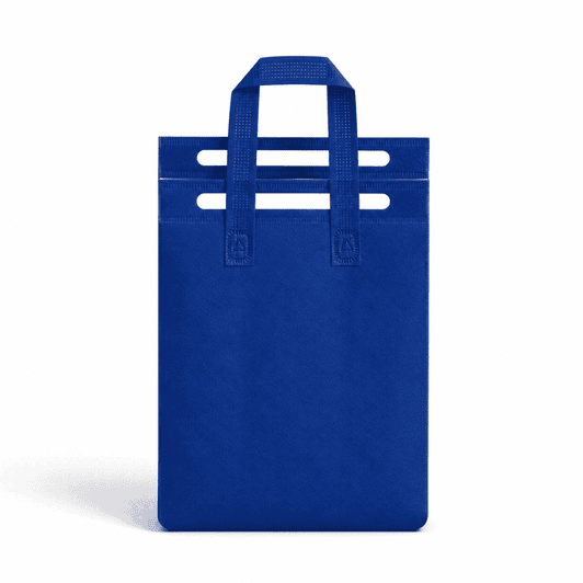 A blue insulated reusable bag with multiple handles and a smooth surface, featuring a logo.