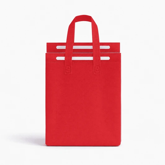 A red insulated reusable bag with two top handles, featuring a simple design and a logo on the front.