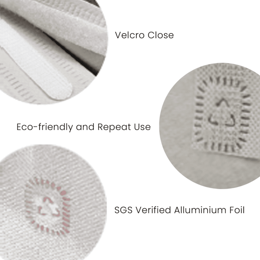 A close-up of a light grey fabric featuring Velcro closure, eco-friendly materials, and an aluminium foil pattern with a logo.