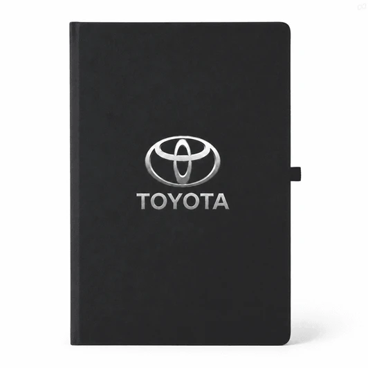 A black A5 notebook with a glossy logo on the front cover. It features a simple design and a secure closure.