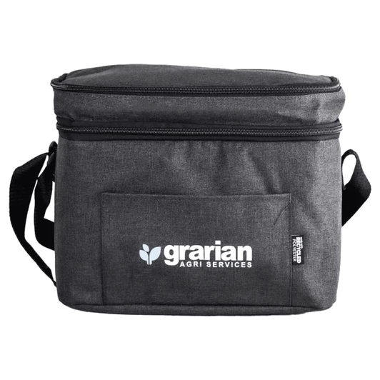 A grey insulated cooler bag with a zip closure and a shoulder strap, featuring a logo on the front.