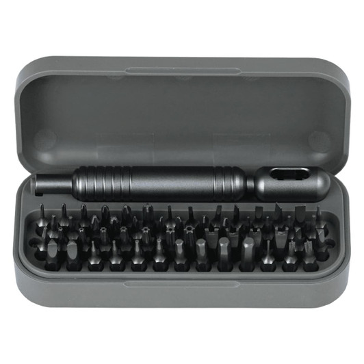 A black 55 in 1 pocket screwdriver tool set with assorted bits in a grey case.