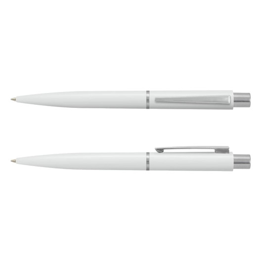 A set of two white plastic pens with silver accents, featuring a sleek design and a clip for convenience.