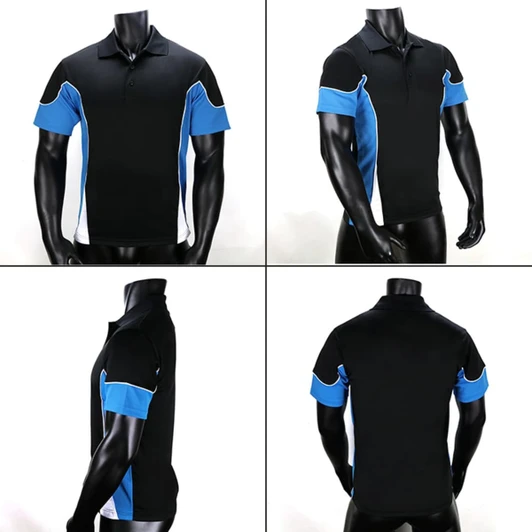 A black polo shirt with blue accents, featuring a logo, shown from multiple angles.