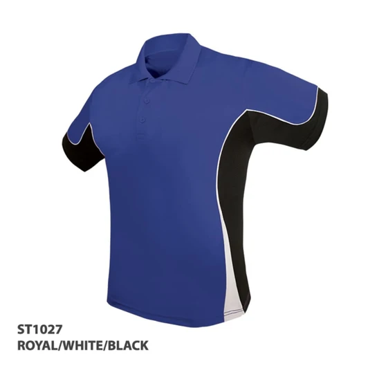 A royal blue polo shirt with white and black accents, featuring a logo on the left side.