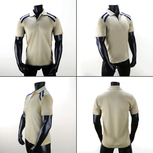 A beige polo shirt with navy blue accents, featuring a collar and a logo on the chest.