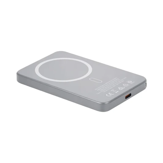 A grey MagSafe wireless power bank with a circular charging area and a USB-C port. It has a branding logo.
