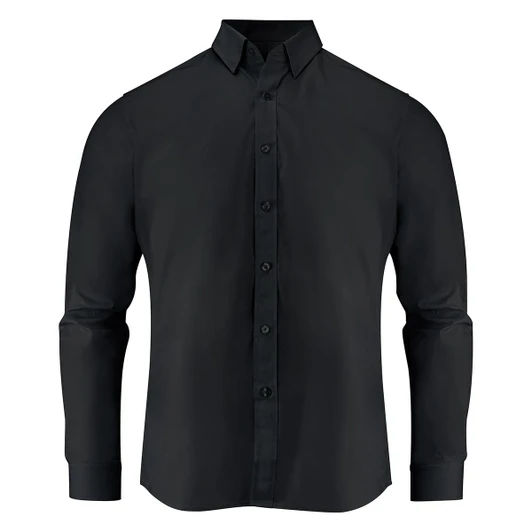 A black men's shirt with a button-up front and long sleeves. The shirt has a collar and a logo.
