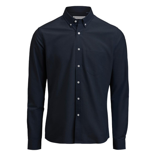 A navy blue Men's Allen Oxford shirt with long sleeves, a button-down collar, and a chest pocket.