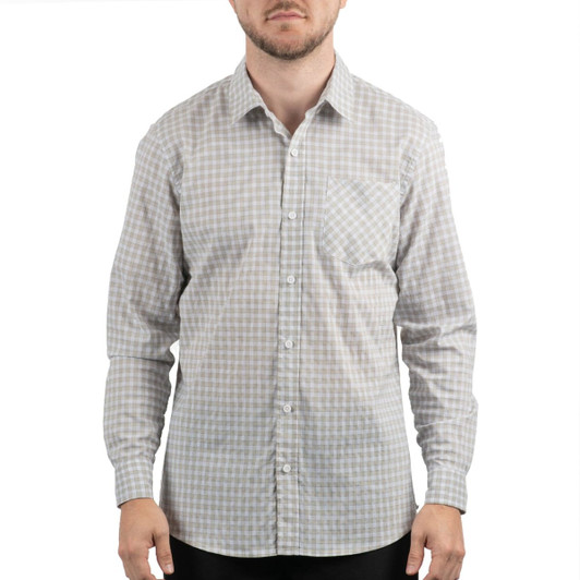 A man wearing a fitted, check-patterned shirt in shades of grey and white, featuring a button-up front and a single pocket.