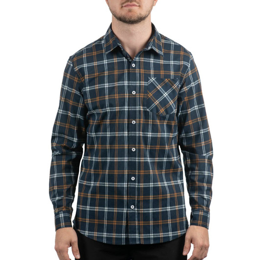 A checked shirt in navy, green, and brown tones featuring a chest pocket and a logo.