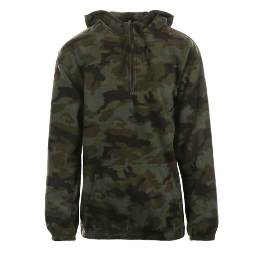 A 1/4 zip polar fleece hoodie in a camouflage pattern, featuring a hood and front pocket, with a logo.