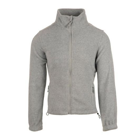 A full zip polar fleece jacket in grey, featuring a high collar and zippered side pockets. It includes a logo.
