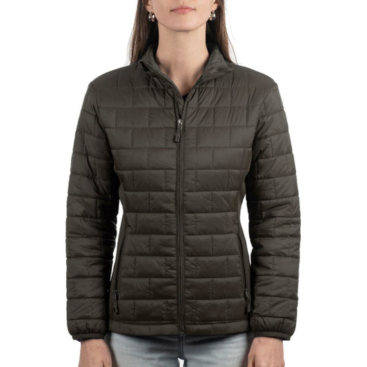 A quilted puffer jacket in dark green, featuring a high neck and zippered front, worn by a standing model.