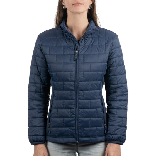A quilted puffer jacket in navy blue, featuring a zip-up front and a slightly raised collar.