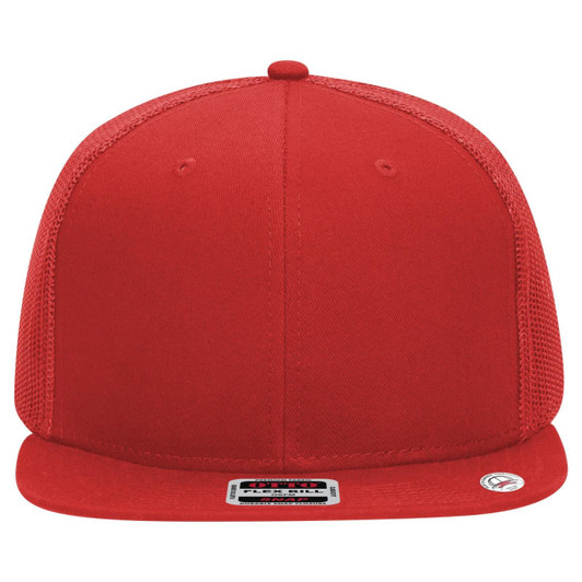 A red 6-panel mid-profile trucker cap with a flat brim and a mesh back, featuring a logo on the front.