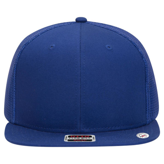 A blue 6 panel mid profile trucker cap with a mesh back and a branded tag at the side.