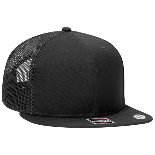 A black trucker cap with a flat brim and mesh panels at the back, featuring a small logo.