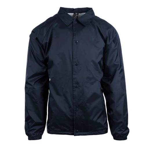 A navy blue Coaches Jacket with a collared neckline and button-up front, featuring long sleeves and a logo.