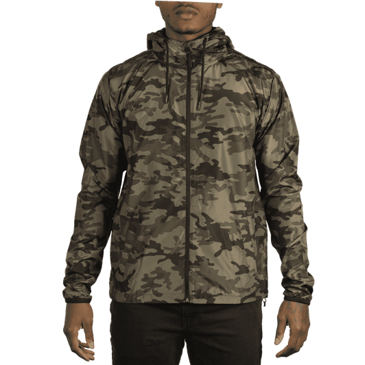 A lightweight windbreaker in a camouflage pattern, featuring a hood and zippered front. The jacket is shown on a model.