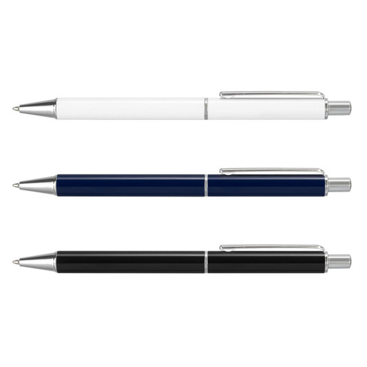 A set of three metal pens in white, navy blue, and black, featuring chrome accents and a branding logo.