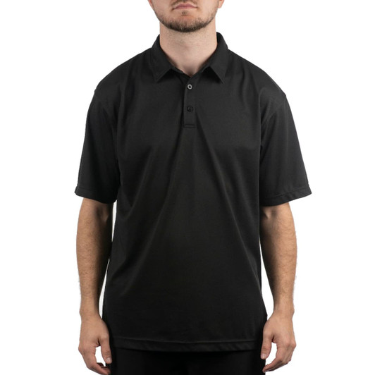 A black micro pique polo shirt with a three-button placket and short sleeves, featuring a logo on the chest.