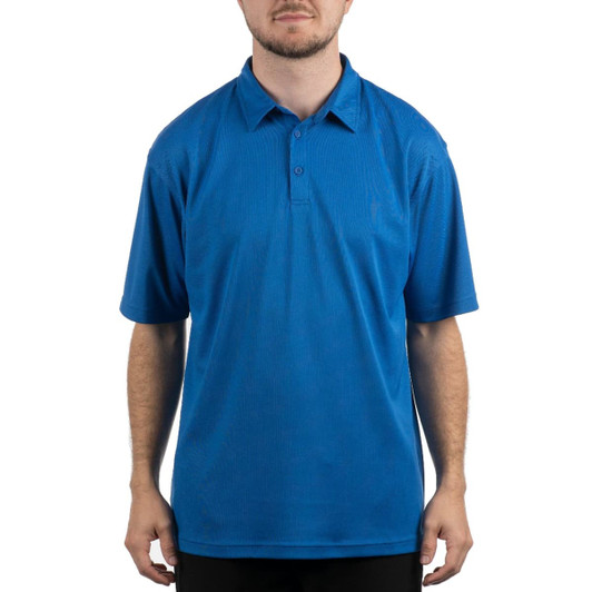 A blue Micro Pique Polo featuring a short sleeve design and a collar, displayed on a model.