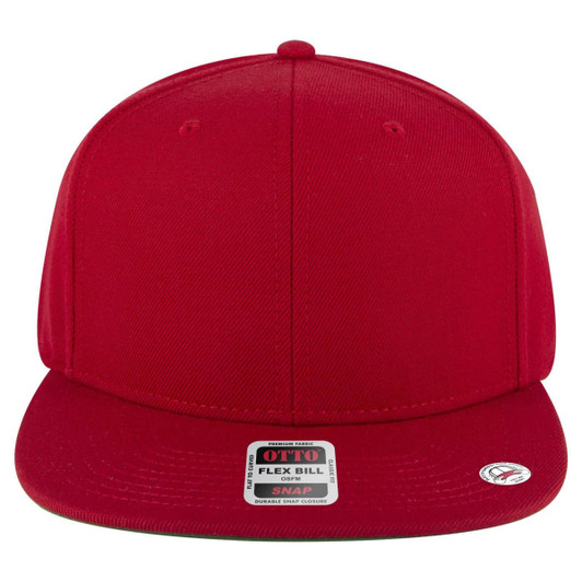 A red mid-profile snapback cap featuring a flat brim and a logo on the front.