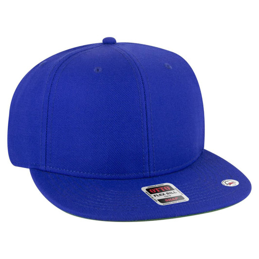 A blue snapback cap with a flat brim, featuring a green undervisor and a logo on the side.